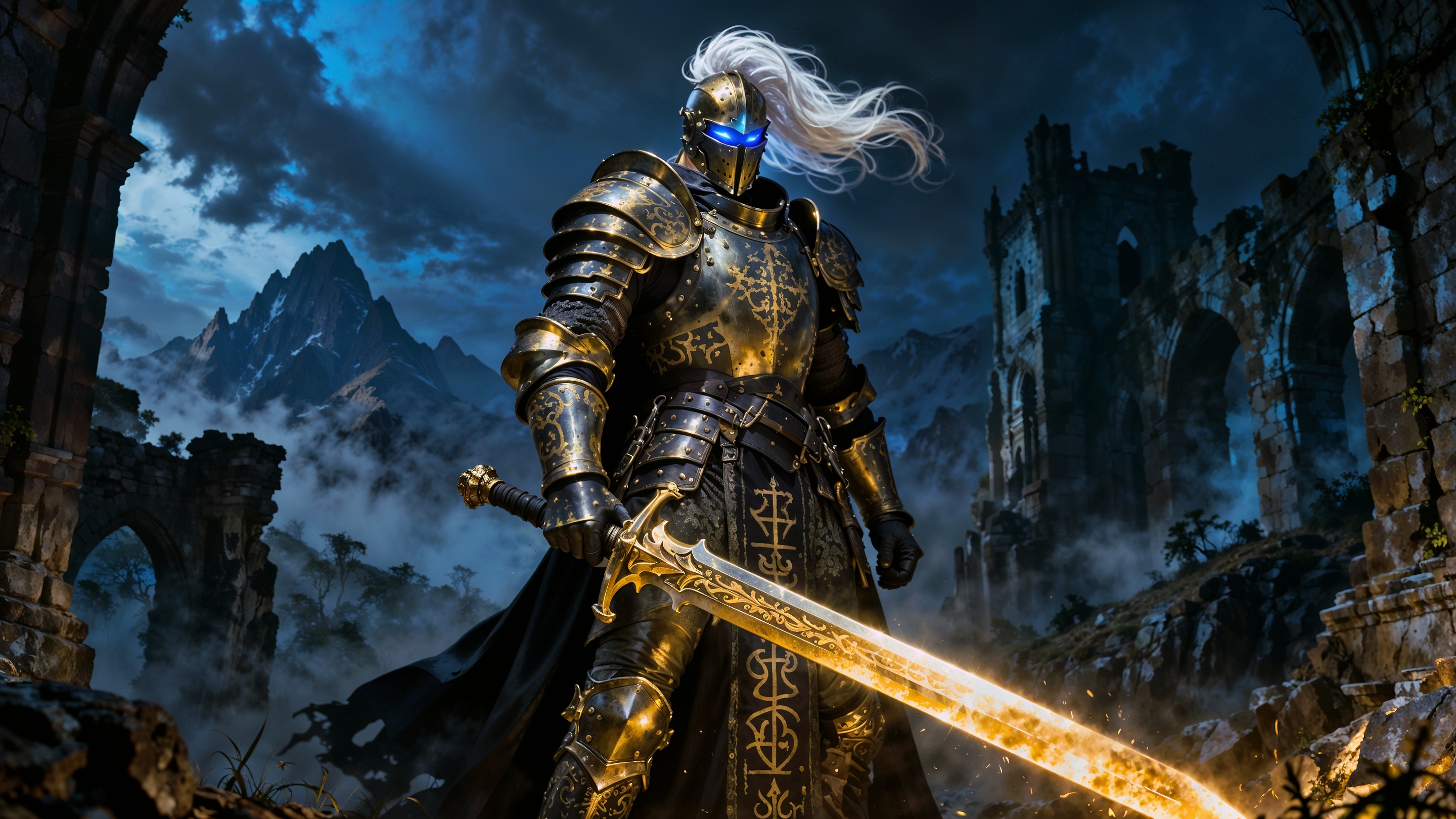 An armored paladin wielding a glowing blade